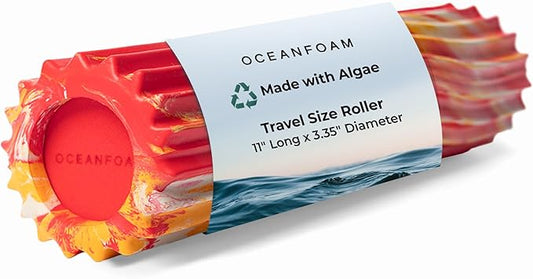 Oceanfoam Ripple Travel Foam Roller (11" x 3.35") Firm Mini Foam Roller for Physical Therapy, Deep Tissue Massage, Back Pain - High Density, Wave Textured, Yoga, Exercise (Red, Gold & Natural Marbled)