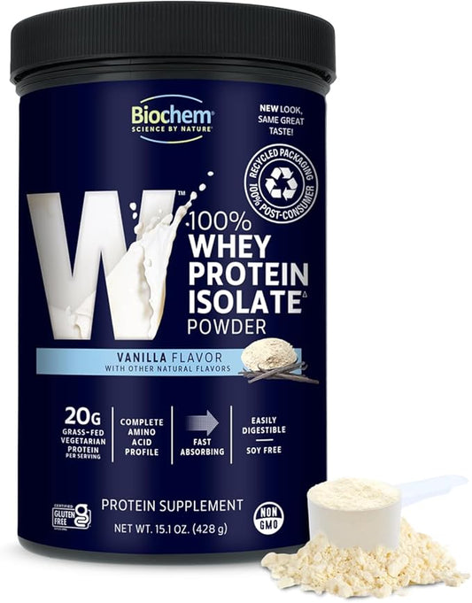 Biochem 100% Whey Isolate Protein - Vanilla Flavor - 15.1 Ounce - Supports Immune Health - Easily Digestible - Refreshing Taste - 20g Vegetarian Protein - Amino Acids