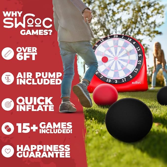 SWOOC Games - Inflatable Giant Kick Darts (15+ Ways to Play) - Jumbo Soccer Dartboard w/Air Pump - Big Carnival Games - Giant Outdoor Games - Oversized Dart Board Yard & Lawn Game for Kids & Adults