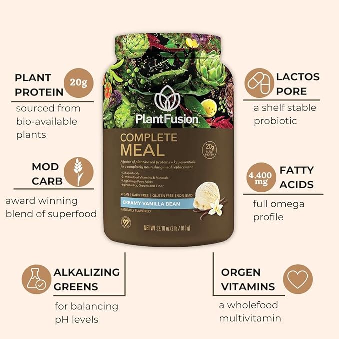 PlantFusion Complete Meal Replacement Shake - Plant Based Protein Powder with Superfoods, Greens & Probiotics - Vegan, Gluten Free, Soy Free, Non-Dairy, No Sugar, Non-GMO - Vanilla 1 lb