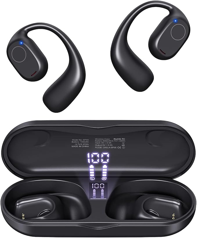 PSIER Open Ear Headphones, Bluetooth 5.3 Wireless Sports Headphones with Digital Display Charging Case 40 Hours Playtime True Earbuds with Earhooks for Running, Walking, Workout