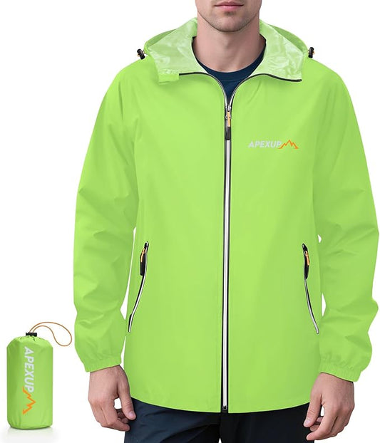 APEXUP Packable Rain Jacket Men with Reflective Zipper, Lightweight Waterproof Raincoat, Mens Rain Jacket for Outdoor Sports