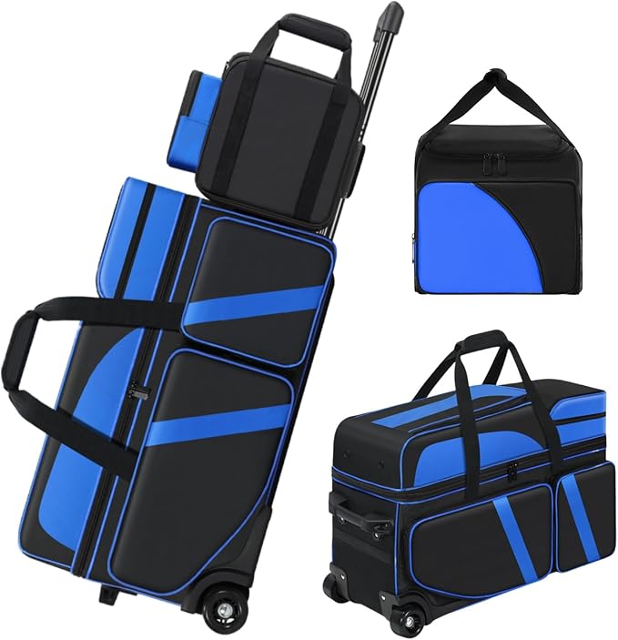 4 Ball Bowling Bags with Wheels, Bowling Ball Bag with Multi-Pockets,4 Ball Bowling Bag with Secure Buckle Fixed Ball Cup & Shoe Compartment,3 Ball Bowling Bag+1 Ball Color Matching Add On Tote