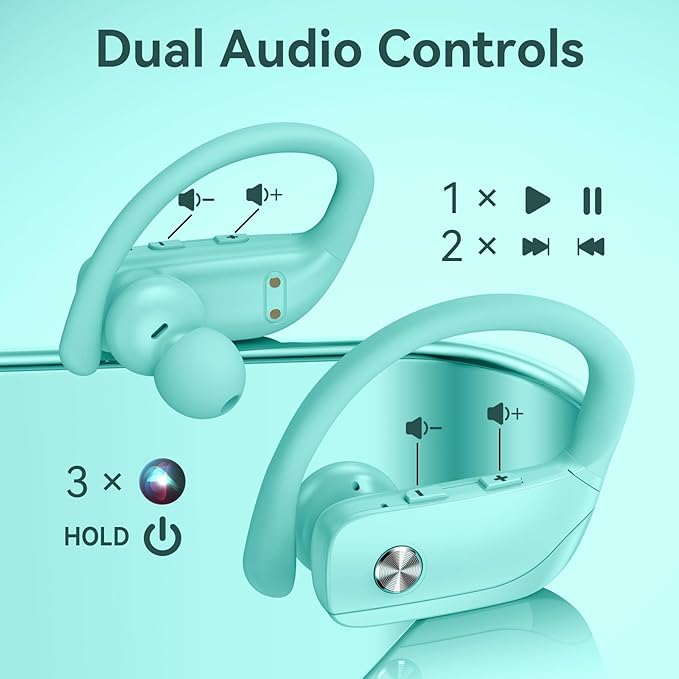bmani Ear Buds Wireless Earbuds Bluetooth Headphones with 80H Playtime LED Display Case, Over-Ear Hook with Mic, Stereo Sound, Easy Button Controls, Sports Earphones for Running Workout Gym Mint Green