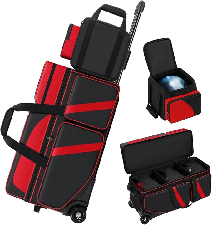 4 Ball Bowling Bags with Wheels, Bowling Ball Bag with Multi-Pockets,4 Ball Bowling Bag with Secure Buckle Fixed Ball Cup & Shoe Compartment,3 Ball Bowling Bag+1 Ball Color Matching Add On Tote