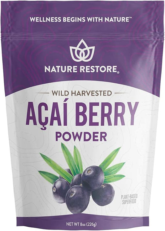 Nature Restore Wild Harvested Acai Berry Powder, 8 Ounces, Non GMO, Gluten Free, Brazilian Wild Grown