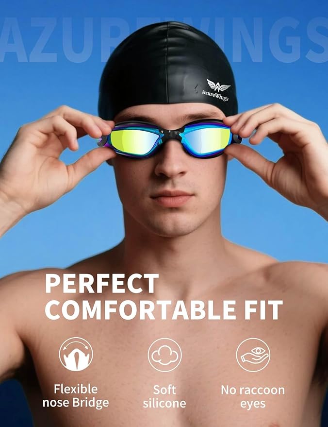 7 in 1 Swim Goggles + Swim Cap for Men Women,No Leak Anti-Fog & UV, Wide Visio HD Mirror PC Lens