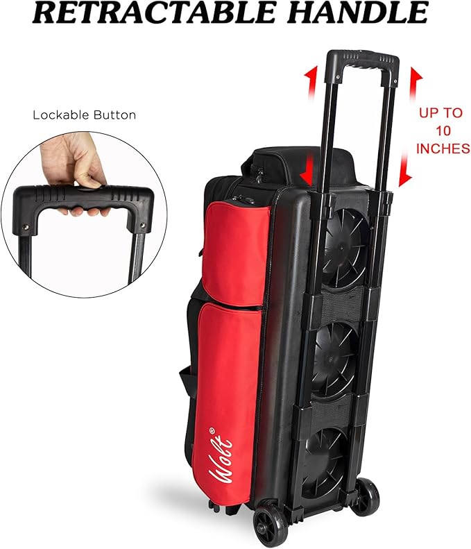 WOLT 3 Ball Bowling Bags with Wheels,Bowling Ball Bag 3 Ball Roller with Separate Shoe Compartment and Accessory Pocket, Retractable Handle Extends to 38’’