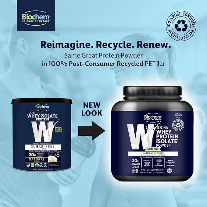 Biochem 100% Whey Isolate Protein Powder - Grass Fed, Low Carb, Keto-Friendly, Non-GMO, Gluten-Free - Supports Immune Health & Muscle Recovery 20g Vegetarian Protein per Serving - Natural Flavor,1.5lb