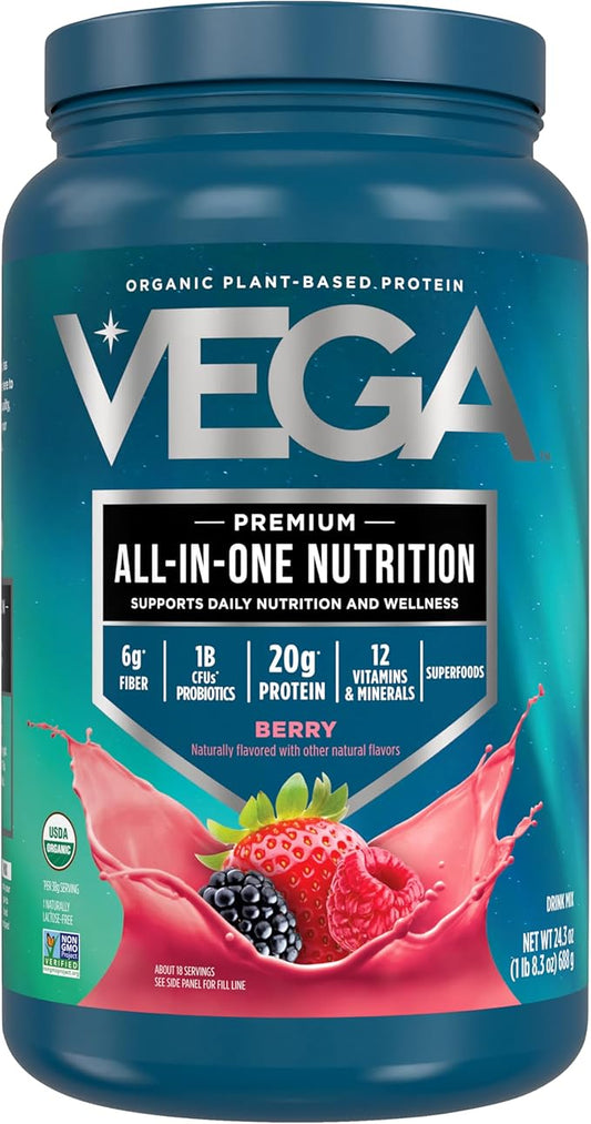 Vega All in One Nutrition Organic - 20g Plant-Based Pea Protein, Berry, 20 Servings, Vitamins A & C, Probiotics, Greens, Vegan, Keto, Gluten Free, 24.3oz (Packaging May Vary)