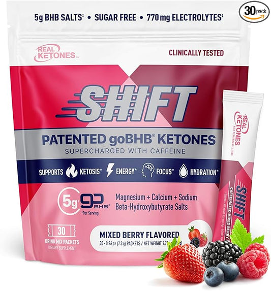 Real Ketones BHB Exogenous Ketones Drink Mix Packets Keto Electrolytes Powder Packets No Sugar with 4 Main Fasting Electrolytes Plus Hydrating Patented Keto BHB - 30 Count Mixed Berry Caffeine