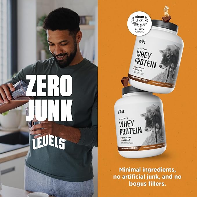 Levels Grass Fed Whey Protein Powder, No Artificials, 24G of Protein, Chocolate Peanut Butter, 5LB
