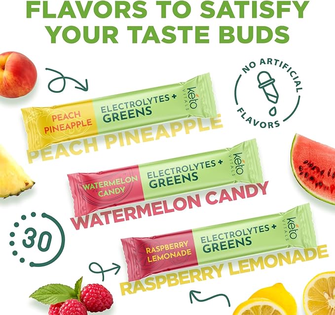 Keto Vitals Keto Electrolytes Plus Greens Superfood Powder Packets - 30 Servings Sugar Free Electrolytes Supplement for Hydration, Energy, Gut Health & Digestion - Super Greens Powder for Hydration