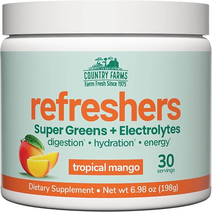 COUNTRY FARMS Refreshers, Super Greens and Electrolytes, Essential Minerals and Superfoods, Hydration Support, Promotes Natural Energy, with Fiber, Tropical Mango, 30 Servings