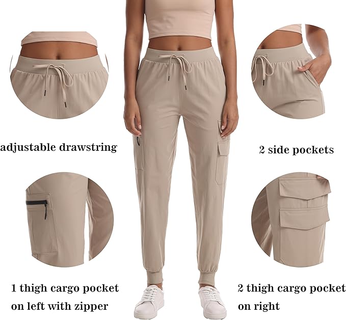 Women's Lightweight Hiking Joggers with Pockets - Water Resistant Cargo Pants for Outdoor Workouts Camping
