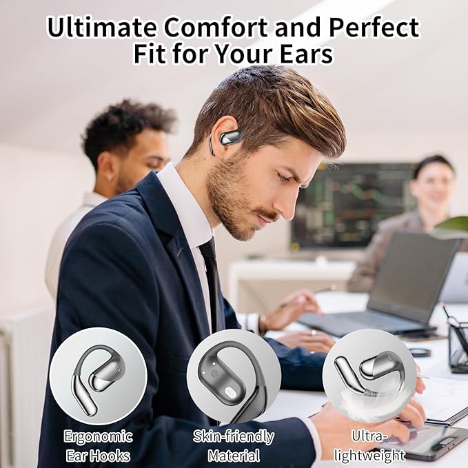 Open Ear Clip Wireless Earbuds Bone Conduction Headphones, Bluetooth 5.4, Open Ear Design, Built-in Mic, IPX7 Waterproof, LED Display Charging Case,Ear Hooks Ear Buds,Design for Running Fitness