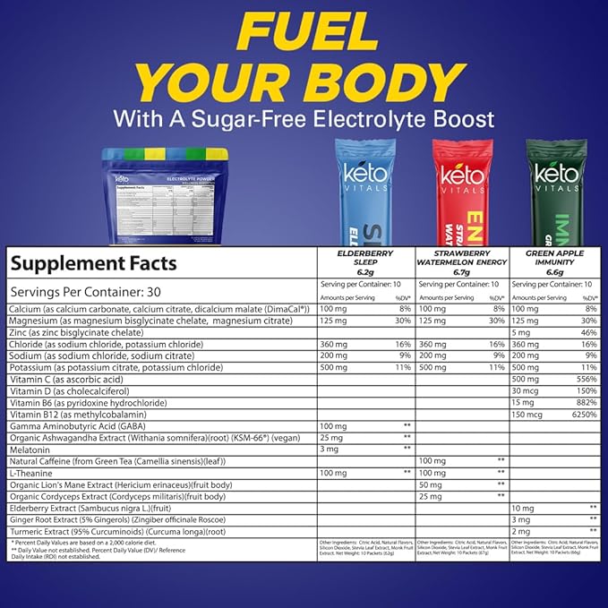 Keto Vitals Electrolytes Powder Packets with Energy, Immunity, Sleep Added Benefits | Boost Energy, Strengthen Immunity, Enhance Sleep | Zero Sugar, Zero Carb, Zero Calorie