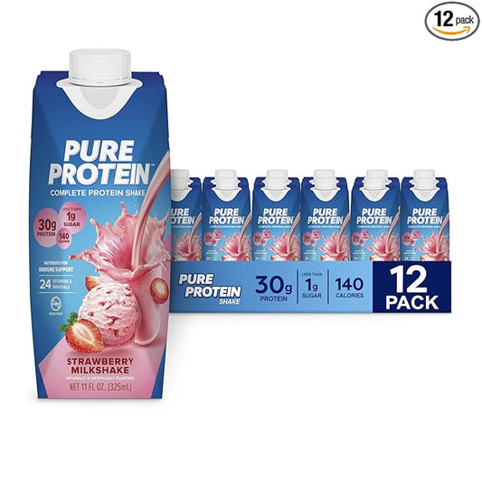 Pure Protein Strawberry Protein Shake, 30g Complete Protein, Ready to Drink and Keto-Friendly, Vitamins A, C, D, and E plus Zinc to Support Immune Health, 11oz Bottles, 12 Pack