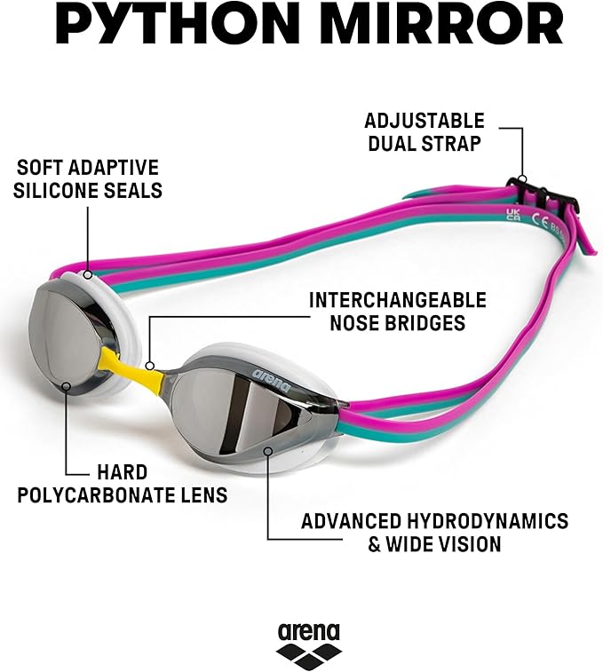 ARENA Unisex Python Racing Swim Goggles for Men and Women Anti-Fog No Leak Max Comfort Dual Strap, Mirror/Non-Mirror Lens