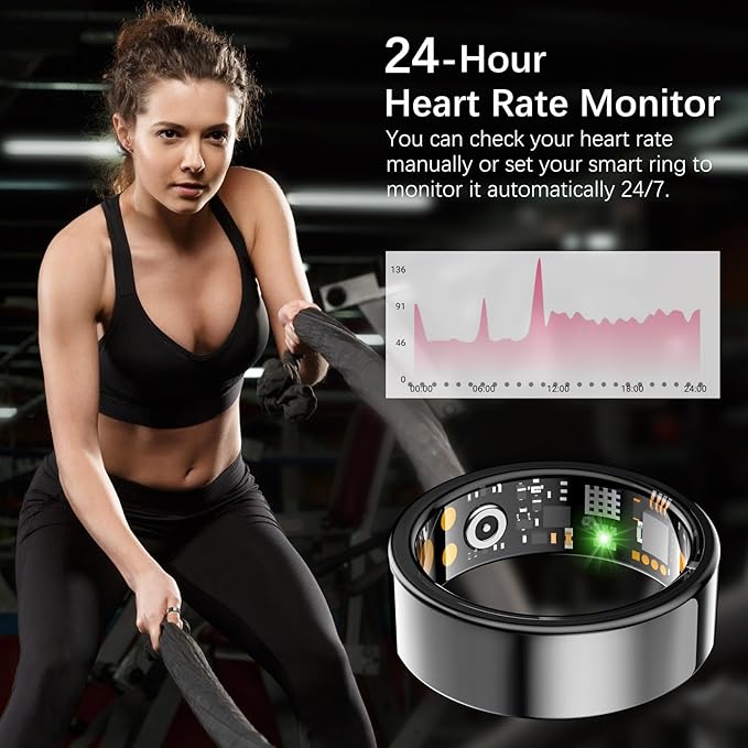 Ring Health Tracker for Women Men, Fit Ring with Heart Rate, Blood Oxygen, Sleep Monitor, Calories, Step Counter, IP68 Waterproof Smart Ring for iPhone & Android, No Subscription Fee (Black, 8#)
