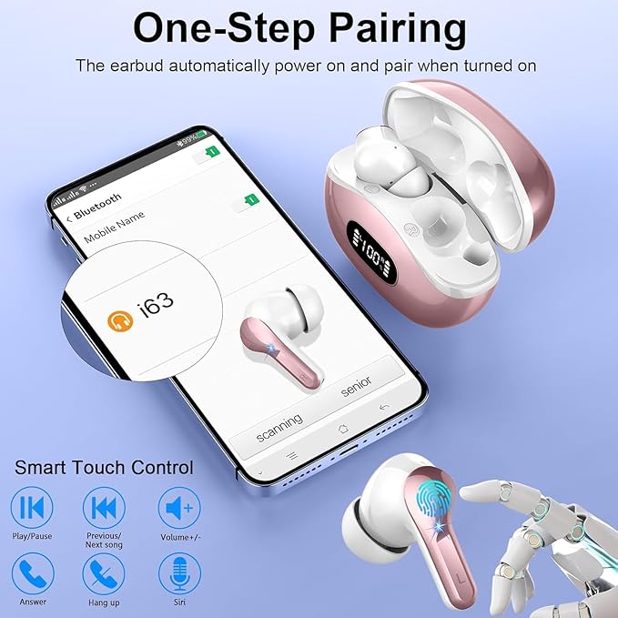 Wireless Earbuds, Bluetooth Headphones 5.3 HiFi Stereo Ear buds with ENC Noise Cancelling Mics, 40H Bluetooth Earbuds with LED Display Charging Case, IP7 Waterproof Earphones for Android iOS, Rosegold