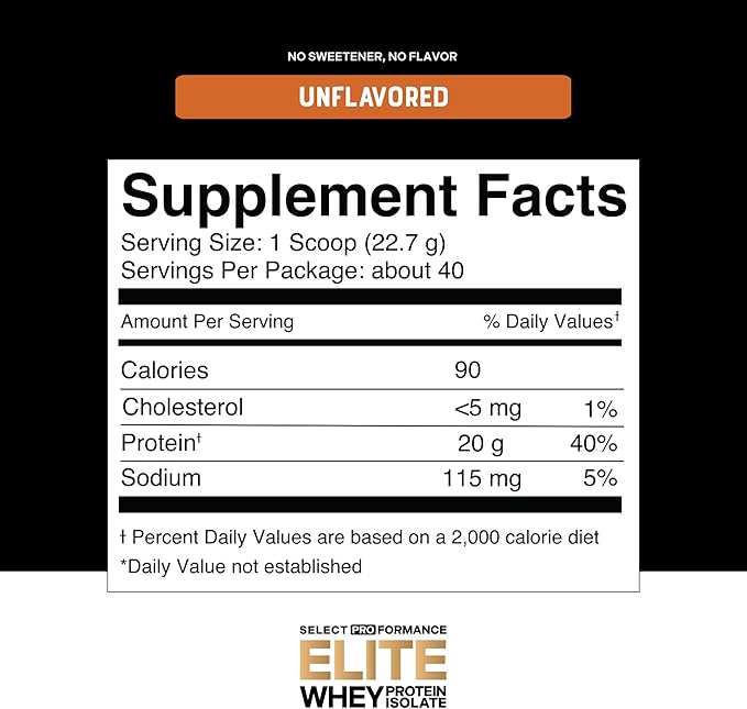 Select Proformance Elite Whey Protein Isolate Powder, Unflavored, NSF Certified, No Added Sugar, 20g of Protein per Serving, 40 Servings, 2 Lbs