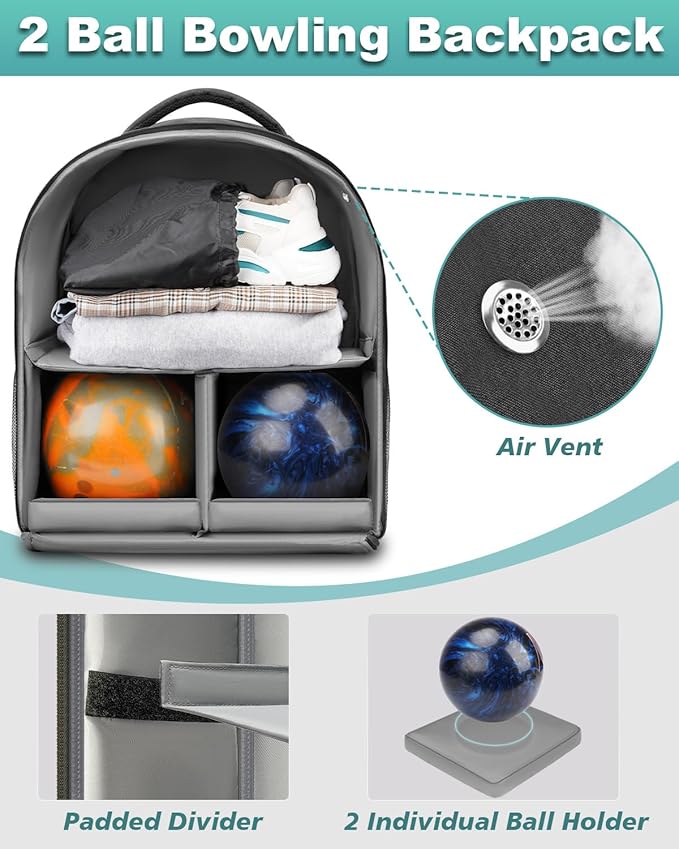 Bosynoy 2 Ball Bowling Backpack, Extra Large Bowling Ball Bag Totes with Protective Foam Padded, Accessory Pouch & Shoe Compartment Fits Up to Mens Size 16, Black