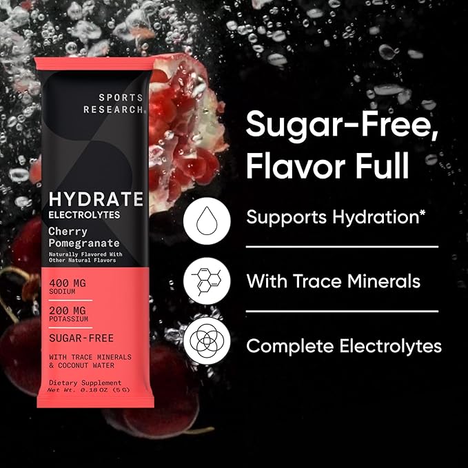Sports Research® Hydrate Electrolytes Powder Packets - Sugar-Free & Naturally Flavored with Vitamins, Minerals, and Coconut Water - Supports Hydration - 16 Packets - Variety Pack