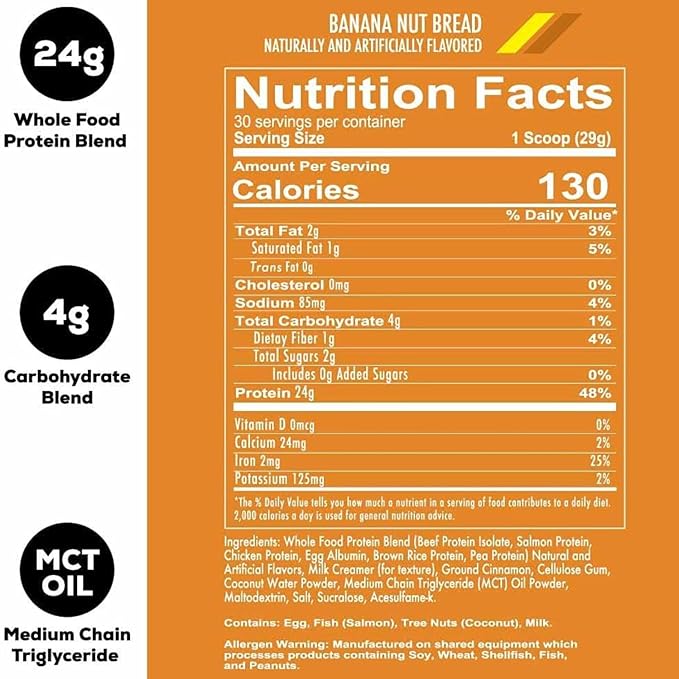 REDCON1 MRE Lite Whole Food Protein Powder, Banana Nut Bread - Low Carb & Whey Free Meal Replacement with Animal Protein Blends - Easy to Digest Supplement Made with MCT Oils (30 Servings)