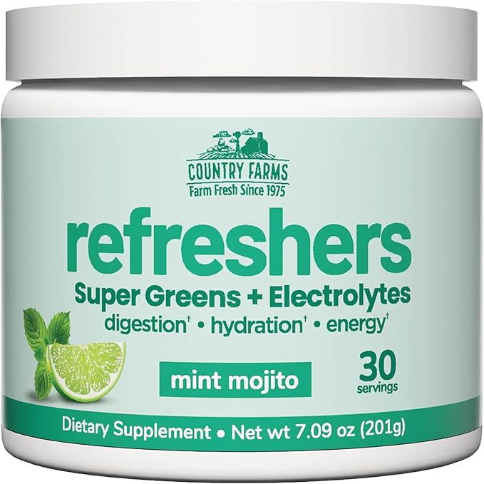 COUNTRY FARMS Refreshers, Super Greens and Electrolytes, Essential Minerals and Superfoods, Hydration Support, Promotes Natural Energy, with Fiber, Mint Mojito, 30 Servings