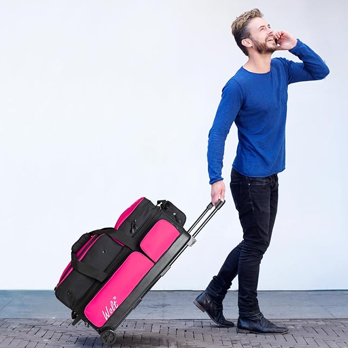 WOLT 3 Ball Bowling Bags with Wheels,Bowling Ball Bag 3 Ball Roller with Separate Shoe Compartment and Accessory Pocket, Retractable Handle Extends to 38’’