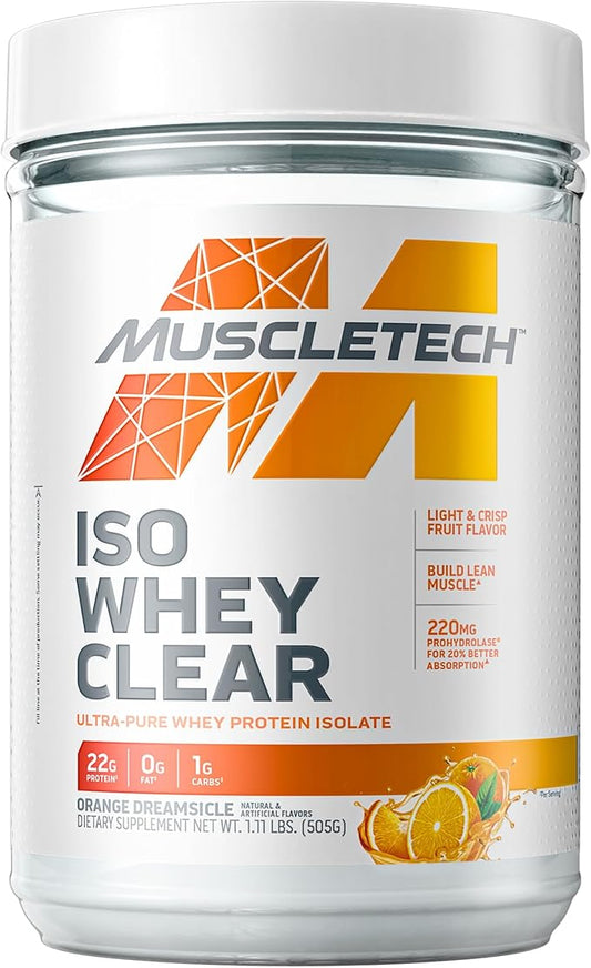 MuscleTech Whey Protein Powder Clear Whey Protein Isolate Whey Isolate Protein Powder for Women & Men Clear Protein Drink 22g of Protein, 90 Calories Orange Dreamsicle, 1.1lb (19 Servings)