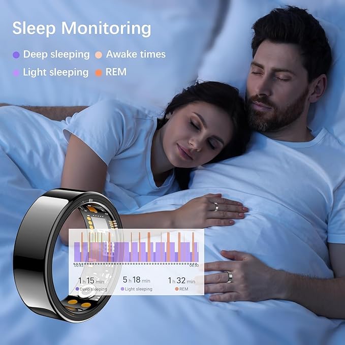 Ring Health Tracker for Women Men, Fit Ring with Heart Rate, Blood Oxygen, Sleep Monitor, Calories, Step Counter, IP68 Waterproof Smart Ring for iPhone & Android, No Subscription Fee (Black, 12#)