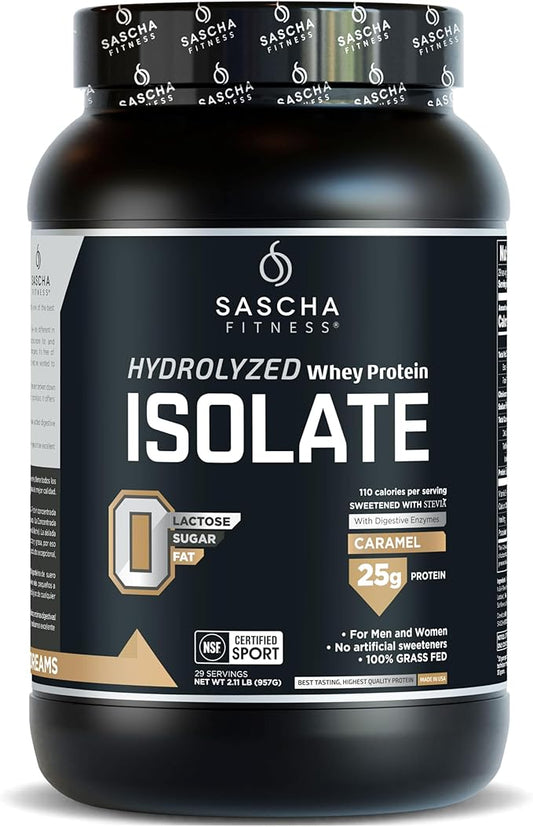 SASCHA FITNESS Hydrolyzed Whey Protein Isolate,100% Grass-Fed (2.11 Pounds) (Caramel Flavor)
