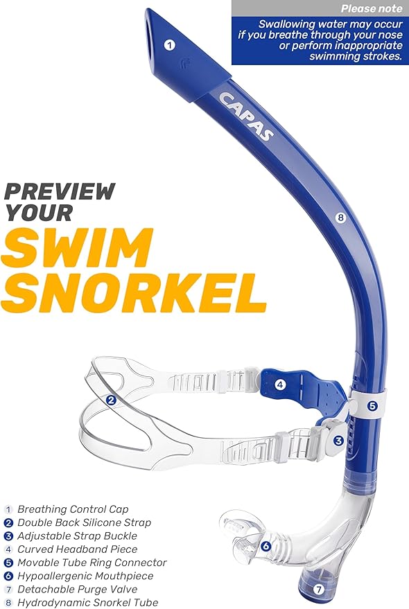 CAPAS Training Swim Snorkel for Lap Swimming, Swivel Headband Ultimate Fit Center-Mount Swimmers Snorkel with Liquid Silicone Mouthpiece Adjustable Strap, Designed for Adult Men Women