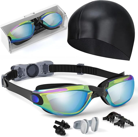 Kids Swim Goggles, Swimming Goggles for Kids Toddlers 3-14 with Swim Cap, Nose Clip, Nose Bridge, Ear Plugs