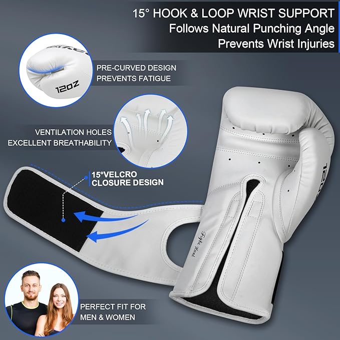 Boxing Gloves for Men & Women Pro Training | Wrist Protection 15° Hook & Loop | Triple Latex Padding | PU Leather for Muay Thai MMA Kickboxing Sparring|Sizes 10-16 oz
