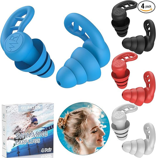 Swimming Ear Plugs for Adults, 4 Pairs Reusable Silicone Waterproof Colorful Swim Earplugs for Swimming Showering Snorkeling Surfing and Water Sports, Water Ear Plugs for Men and Women