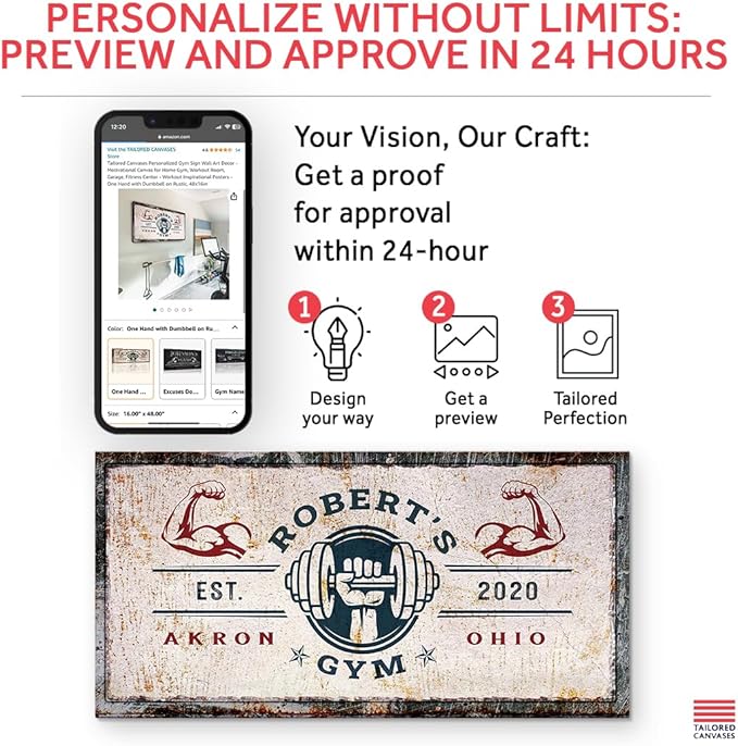 Tailored Canvases Personalized Gym Sign Wall Art Decor - Motivational Canvas for Home Gym, Workout Room, Garage, Fitness Center - Workout Inspirational Posters - One Hand with Dumbbell on Rustic, 20x10in