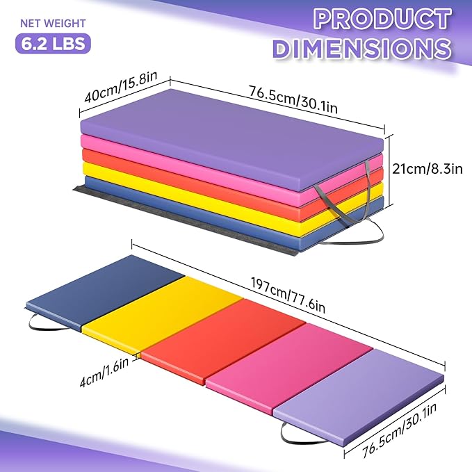 Gymnastics Tumbling Mats Portable Gymnastics Mat Foldable Tumbling Mat 2'x6'/4'x8' PU Leather Exercise Mat Yoga Mat with Carrying Handles for home Workout outdoor Yoga Gymnastics