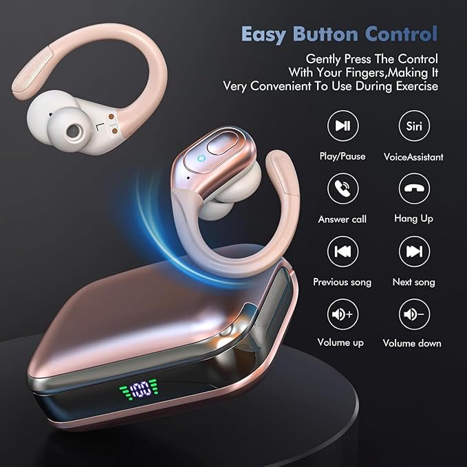 Wireless Earbuds Bluetooth 5.4 Headphones, Noise Canceling Ear Buds with 75hr Playtime, LED Power Display, IPX7 Waterproof Earphones Over-Ear Earphones for Sports/Workouts - Rose Gold