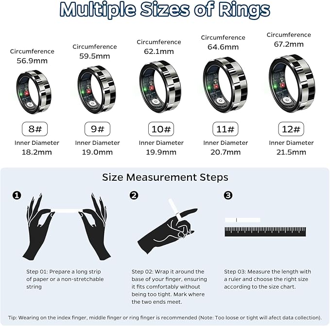 Smart Ring Health Tracker, Sleep Tracker Ring with Heart Rate, Waterproof Fitness Ring for Activity Monitoring/Steps/Distance/Calories,Air Gestures,Up to 7-Day Battery,for iOS Android(Stylish Black#8)