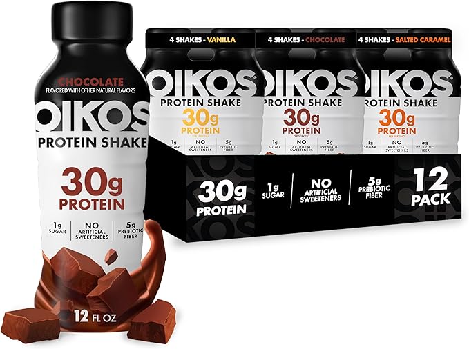 Oikos Protein Shake, Exclusive Variety Pack, 30g High Protein Drinks, Shelf Stable, Ready to Drink, 5g Prebiotic Fiber, 12 fl oz Bottle (4 ct Chocolate, 4 ct Vanilla, 4 ct Salted Caramel)