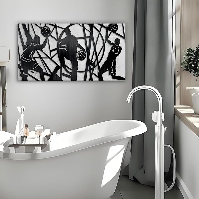 Black and White Wall Art, Basketball Lines Sports Theme Canvas Print Modern Art Paintings for Living Room Boys Room Game Room Bedroom Large Wall Decor 20x40 In