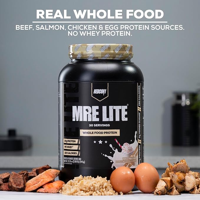 REDCON1 MRE Lite Whole Food Protein Powder, Strawberry Shortcake - Low Carb & Whey Free Meal Replacement with Animal Protein Blends - Easy to Digest Supplement Made with MCT Oils (30 Servings)