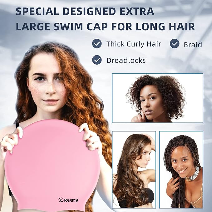 Keary Extra Large Swim Cap for Braids and Dreadlocks Extensions Weaves Long Hair, Waterproof Silicone Cover Ear Bath Pool Shower Swimming Cap for Adult Youth to Keep Hair Dry, Easy to Put On and Off