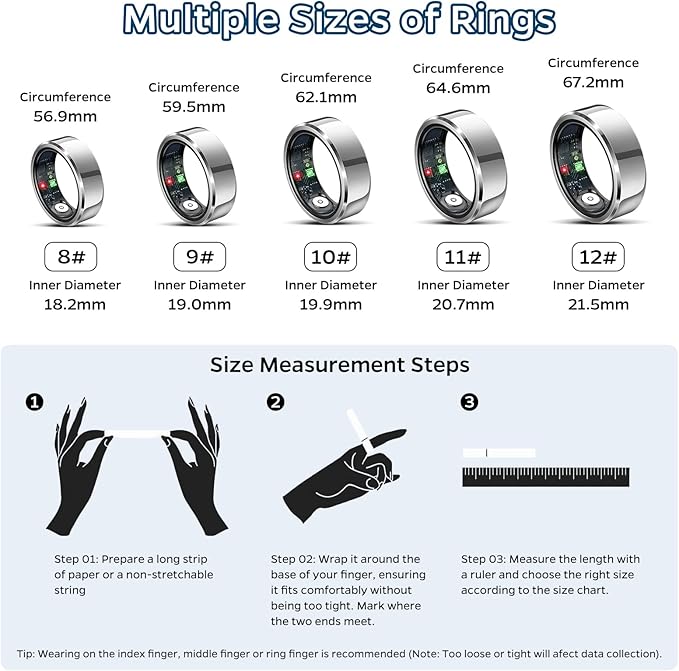 Smart Ring Health Tracker, Sleep Tracker Ring with Heart Rate, Waterproof Fitness Ring for Activity Monitoring/Steps/Distance/Calories, Air Gestures, Up to 7-Day Battery, for iOS Android (Silver,#11)