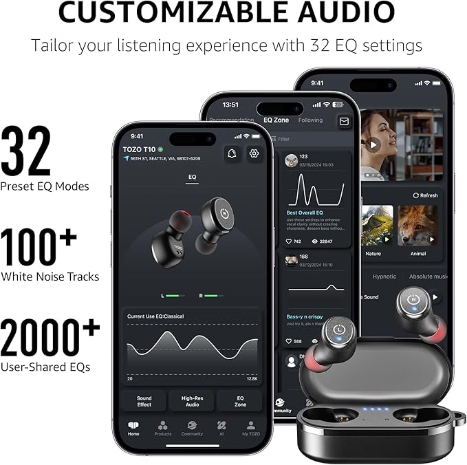 TOZO T10 Wireless Earbuds Bluetooth 5.3 Headphones, App Customize EQ, Ergonomic Design, 55H Playtime, Wireless Charging Case, IPX8 Waterproof Sound in-Ear Headset, 2025 New Version
