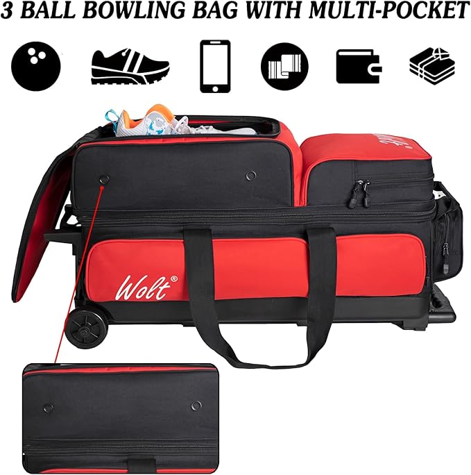 WOLT 3 Ball Bowling Bags with Wheels,Bowling Ball Bag 3 Ball Roller with Separate Shoe Compartment and Accessory Pocket, Retractable Handle Extends to 38’’