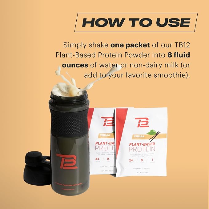 TB12 Plant Based Protein Powder by Tom Brady, 24g of Vegan Pea Protein, Low Sugar, Low Carb, Non-GMO, Meal Replacement, Keto Friendly, Paleo, Sugar Free, Vanilla Flavor (1.12 Ounce, Pack of 12)